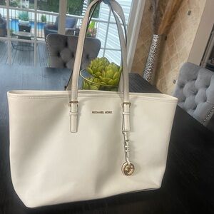 Authentic  Michael Kors White Leather Tote with Silver Hardware